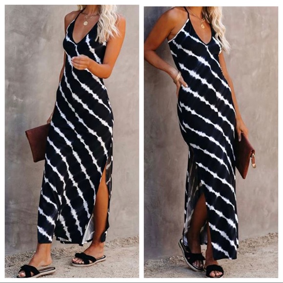SOLD Black white Tie Dye side slit tank maxi dress - Picture 1 of 3